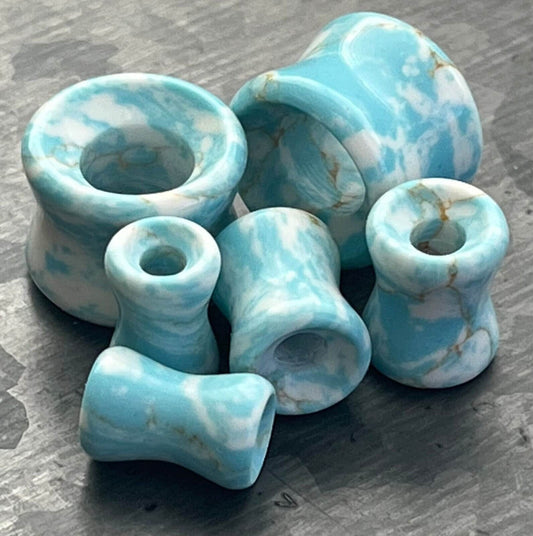 PAIR of Stunning Sky Turquoise Stone Double Flare Tunnels/Plugs - Gauges 2g (6mm) thru 5/8" (16mm) Available!