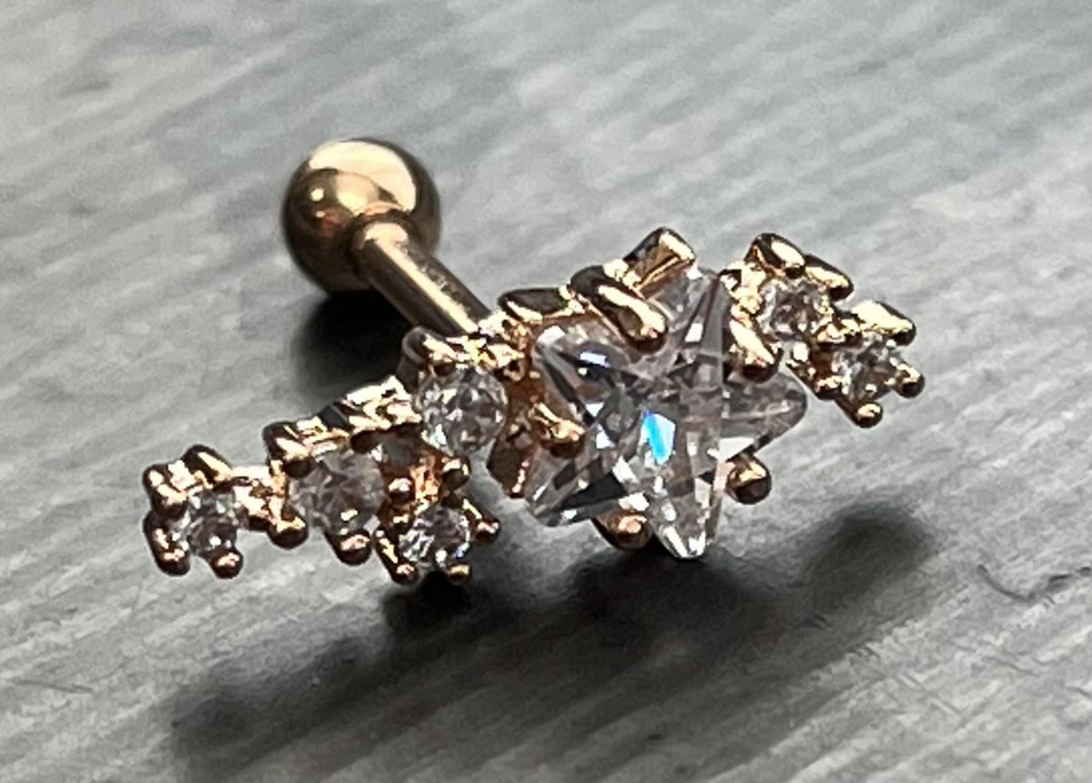 1 Piece Brilliant CZ Gem Star Cluster Tragus Barbell Ring -16g - Wearable Diameter 1/4" (6mm) - Blue, Gold, Rose Gold and Silver Available!