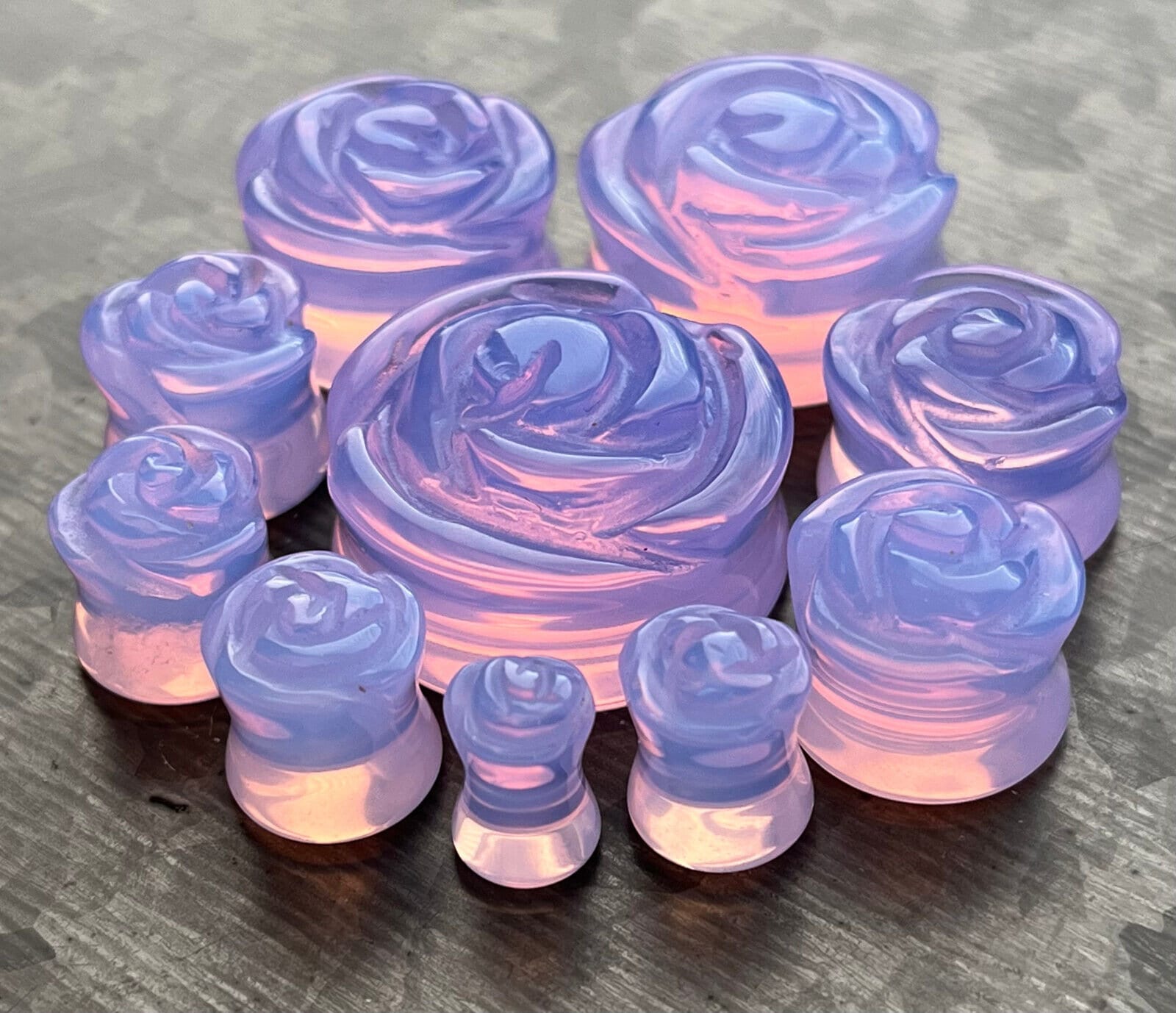 PAIR of Beautiful Lavender Opalite Stone Carved Flower Double Flare Glass Plugs - Gauges 2g (6.5mm) to 1" (25mm) available!