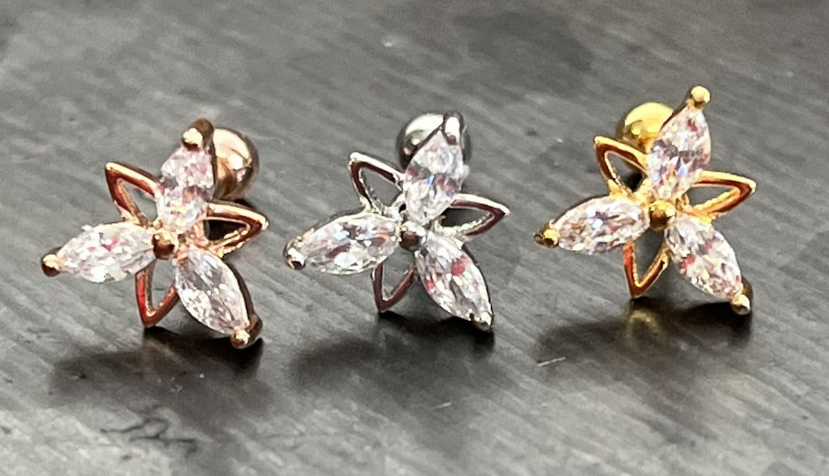 1 Piece Marquise CZ Gem Triangle Flower Tragus Barbell Stud - 16g - Wearable Diameter 1/4" (6mm) - Gold, Rose Gold and Silver Available!