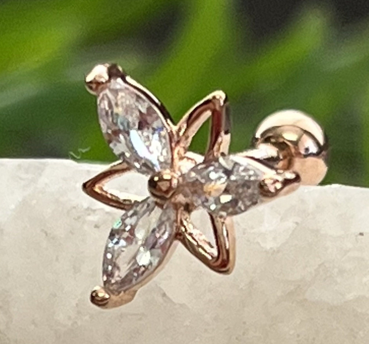 1 Piece Marquise CZ Gem Triangle Flower Tragus Barbell Stud - 16g - Wearable Diameter 1/4" (6mm) - Gold, Rose Gold and Silver Available!
