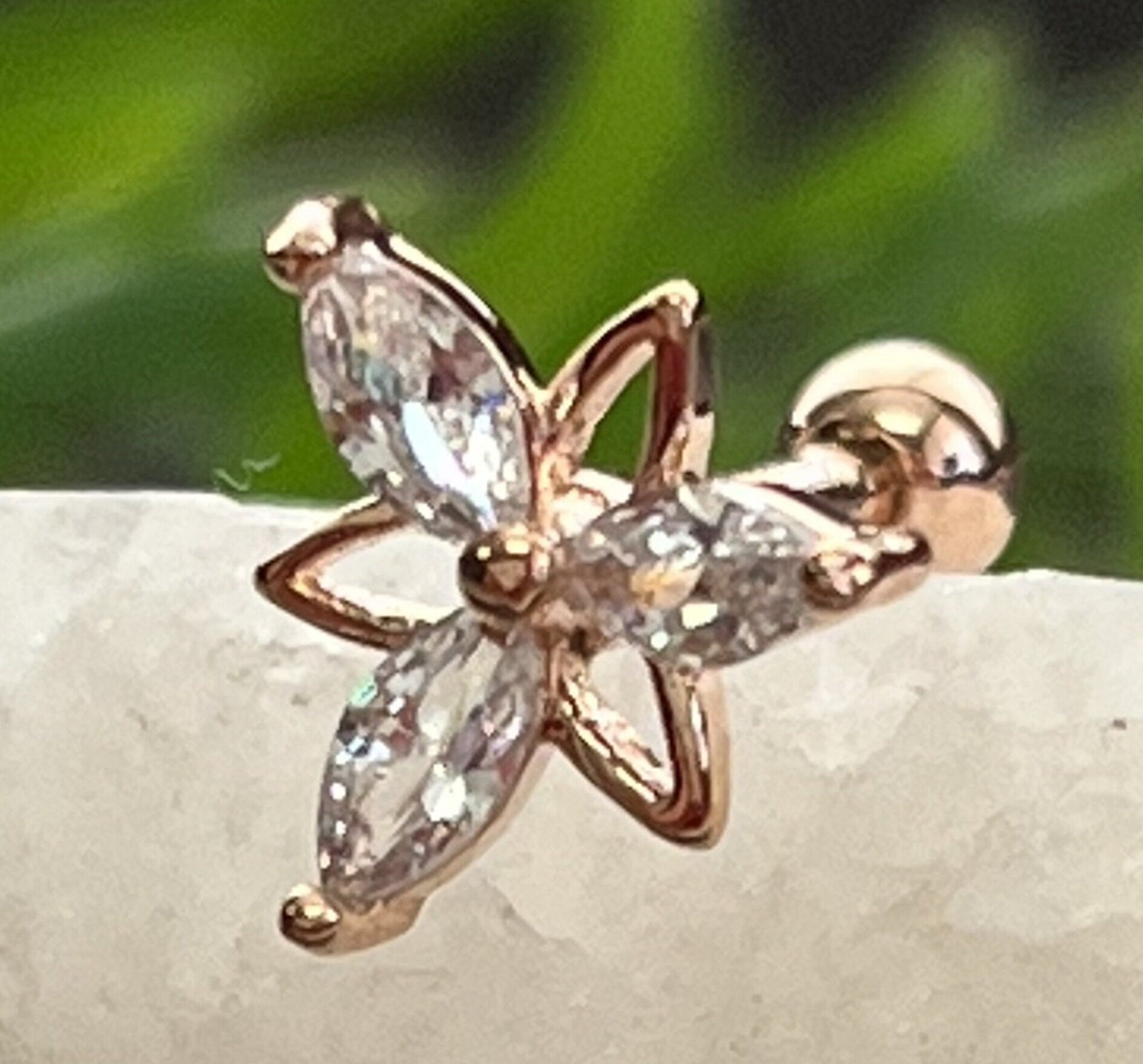 1 Piece Marquise CZ Gem Triangle Flower Tragus Barbell Stud - 16g - Wearable Diameter 1/4" (6mm) - Gold, Rose Gold and Silver Available!