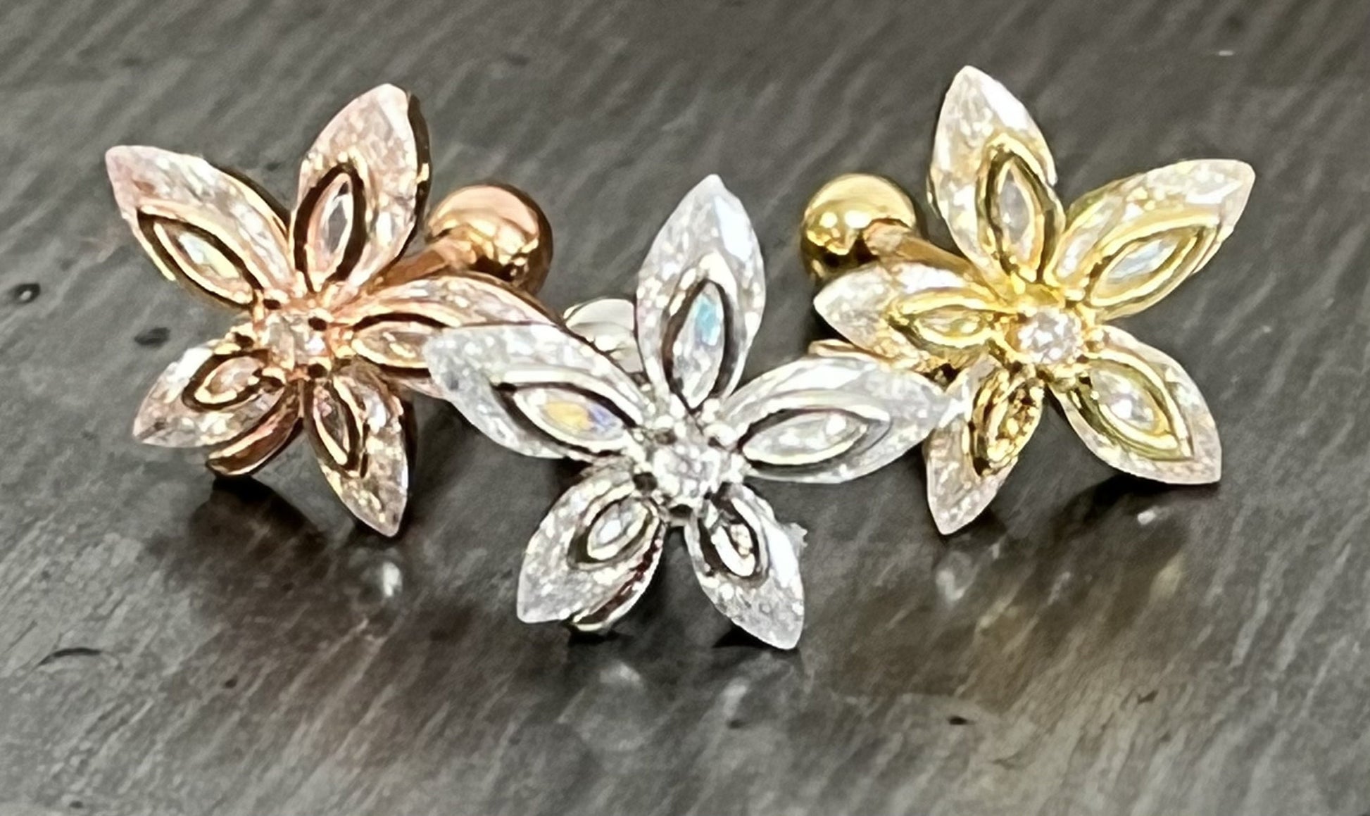 1 Piece Brilliant Marquise CZ Gem Flower Tragus Cartilage Barbell Stud - 16g - Wearable Length 6mm - Silver, Gold, Rose Gold Available!