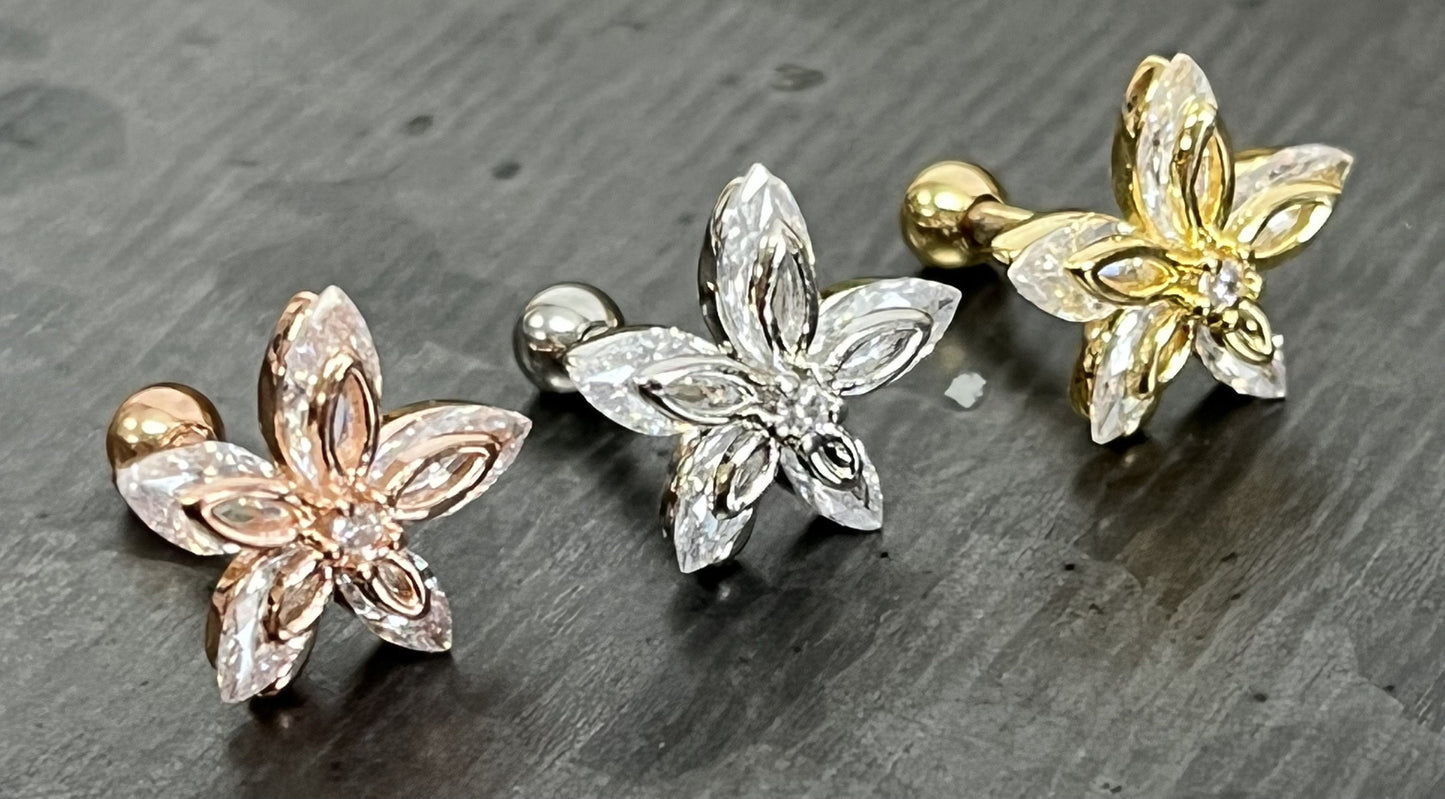 1 Piece Brilliant Marquise CZ Gem Flower Tragus Cartilage Barbell Stud - 16g - Wearable Length 6mm - Silver, Gold, Rose Gold Available!