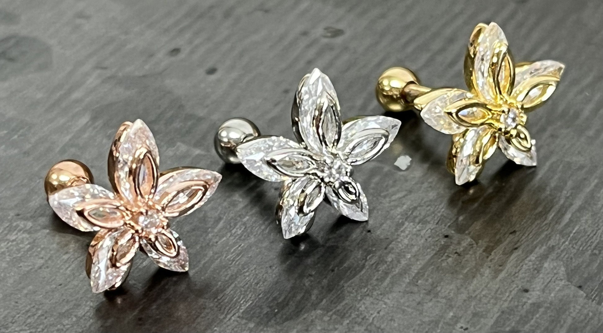 1 Piece Brilliant Marquise CZ Gem Flower Tragus Cartilage Barbell Stud - 16g - Wearable Length 6mm - Silver, Gold, Rose Gold Available!
