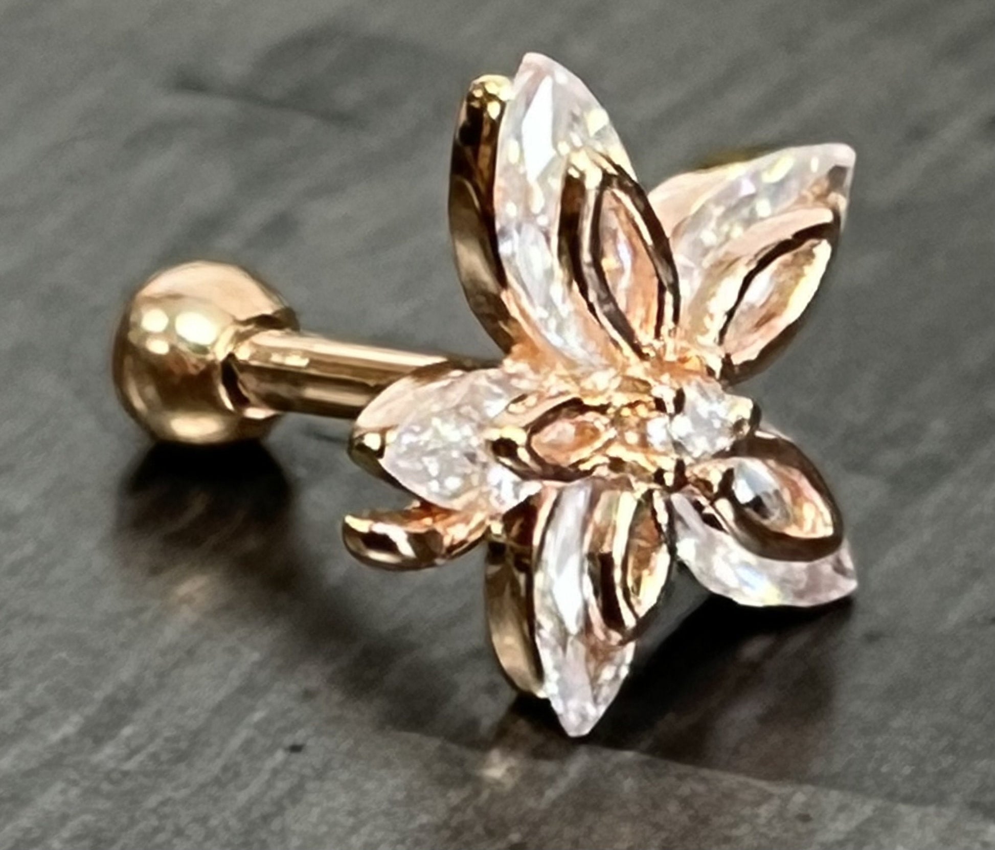 1 Piece Brilliant Marquise CZ Gem Flower Tragus Cartilage Barbell Stud - 16g - Wearable Length 6mm - Silver, Gold, Rose Gold Available!