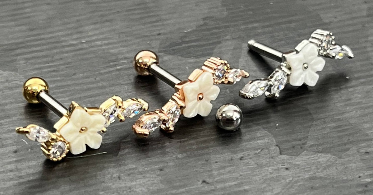 1 Piece Mother of Pearl Flower with CZ Gem Vine Tragus Cartilage Stud - 16g - Wearable Length 6mm - Silver, Gold, Rose Gold Available!