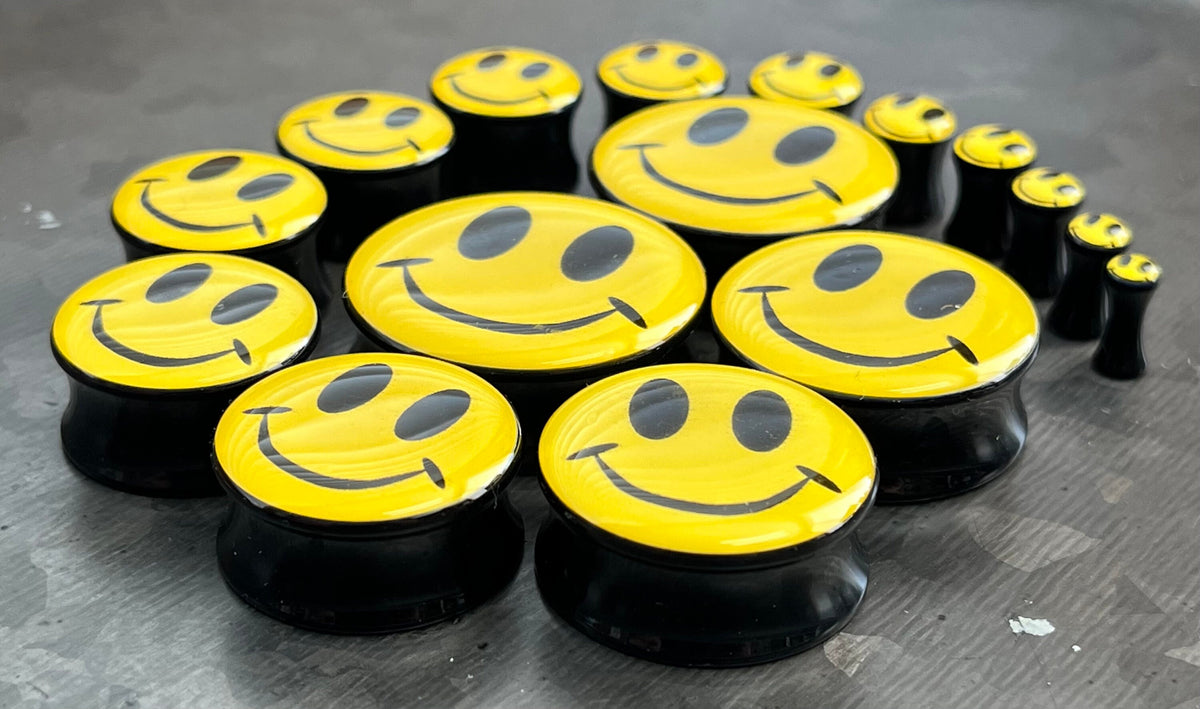 PAIR of Bright Yellow Smiley Face Logo Double Flare Acrylic Saddle Plugs - Gauges 8g (3mm) thru 1&3/16" (30mm) available!