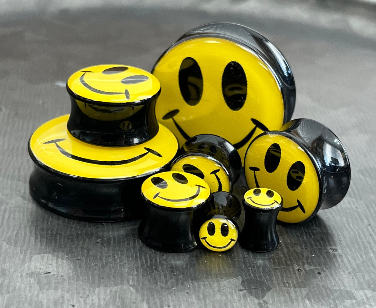 PAIR of Bright Yellow Smiley Face Logo Double Flare Acrylic Saddle Plugs - Gauges 8g (3mm) thru 1&3/16" (30mm) available!