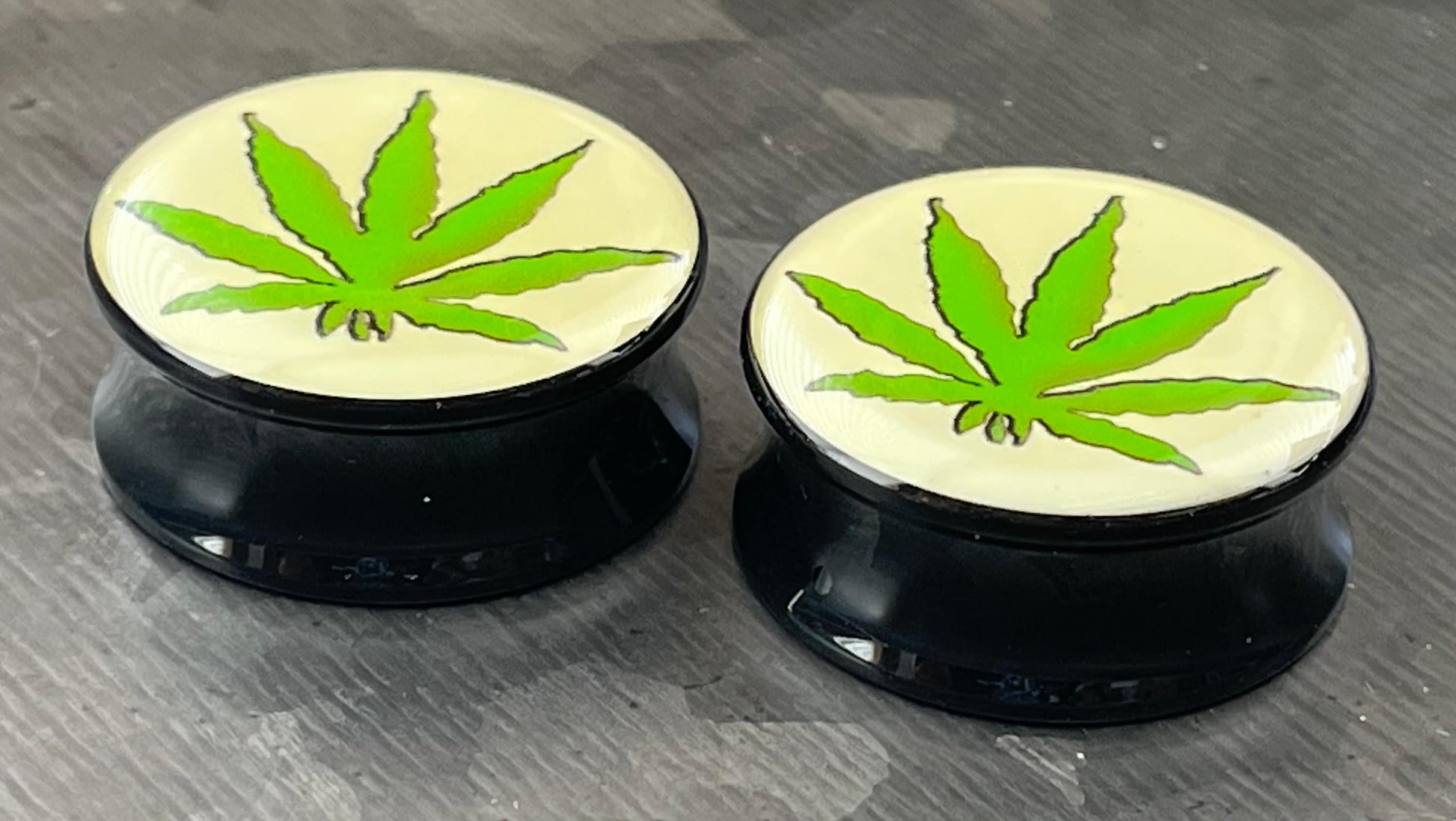 PAIR of Unique Pot Leaf / Marijuana Logo Double Flare Acrylic Saddle Plugs - Gauges 8g (3mm) thru 1&3/16" (30mm) available!