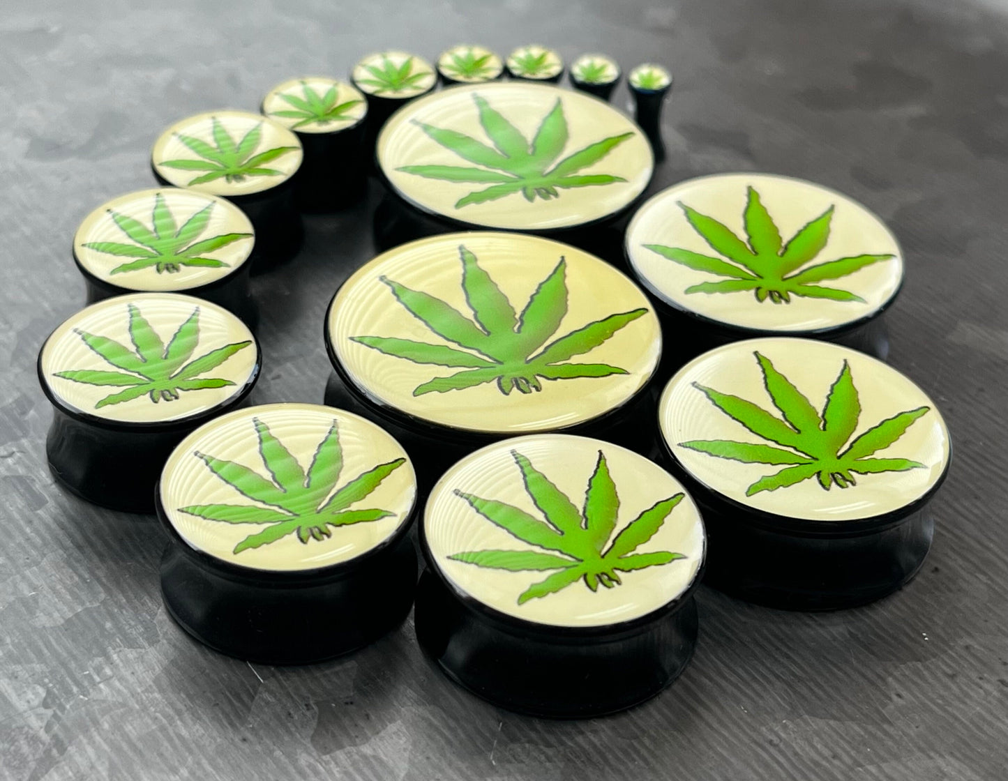 PAIR of Unique Pot Leaf / Marijuana Logo Double Flare Acrylic Saddle Plugs - Gauges 8g (3mm) thru 1&3/16" (30mm) available!