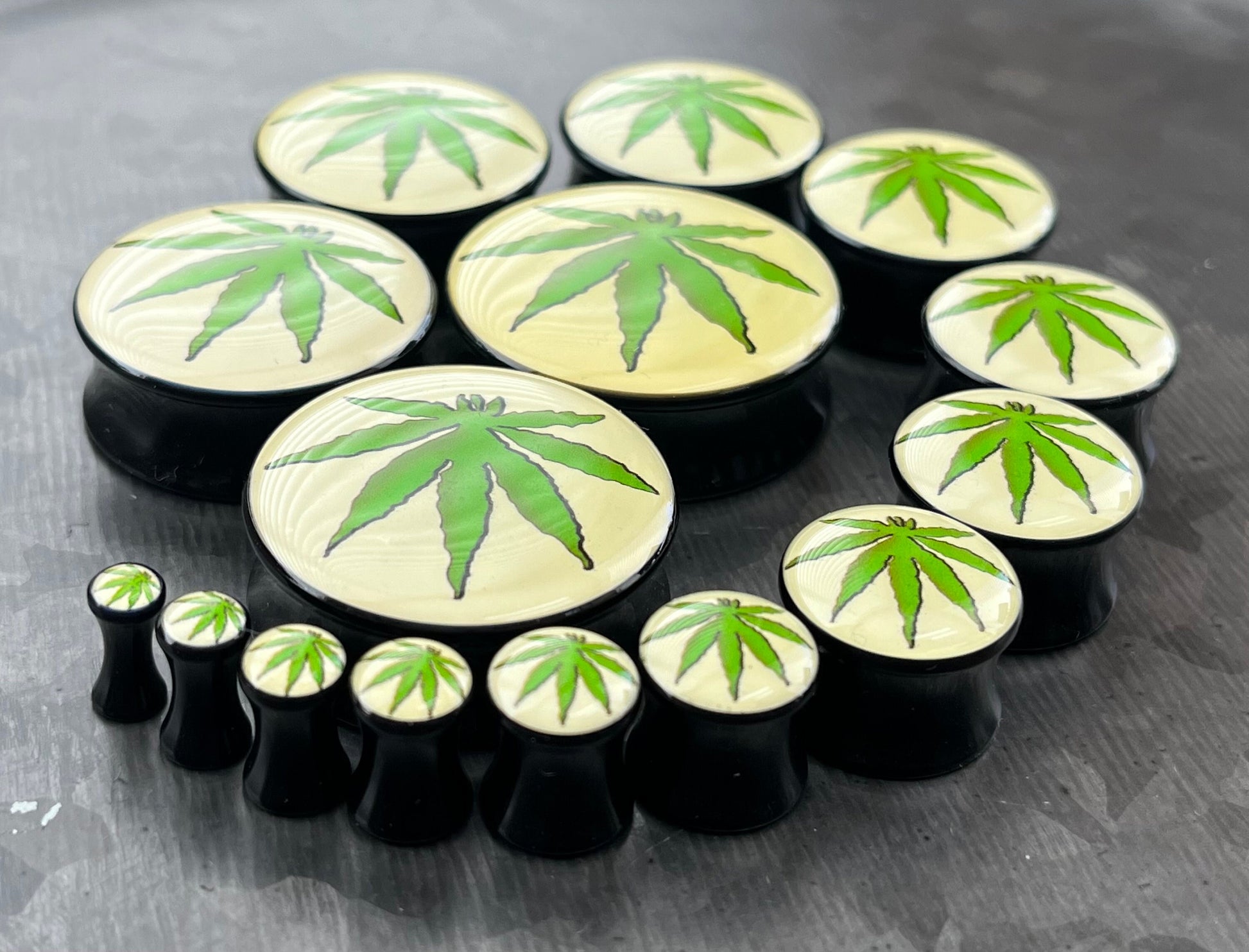 PAIR of Unique Pot Leaf / Marijuana Logo Double Flare Acrylic Saddle Plugs - Gauges 8g (3mm) thru 1&3/16" (30mm) available!