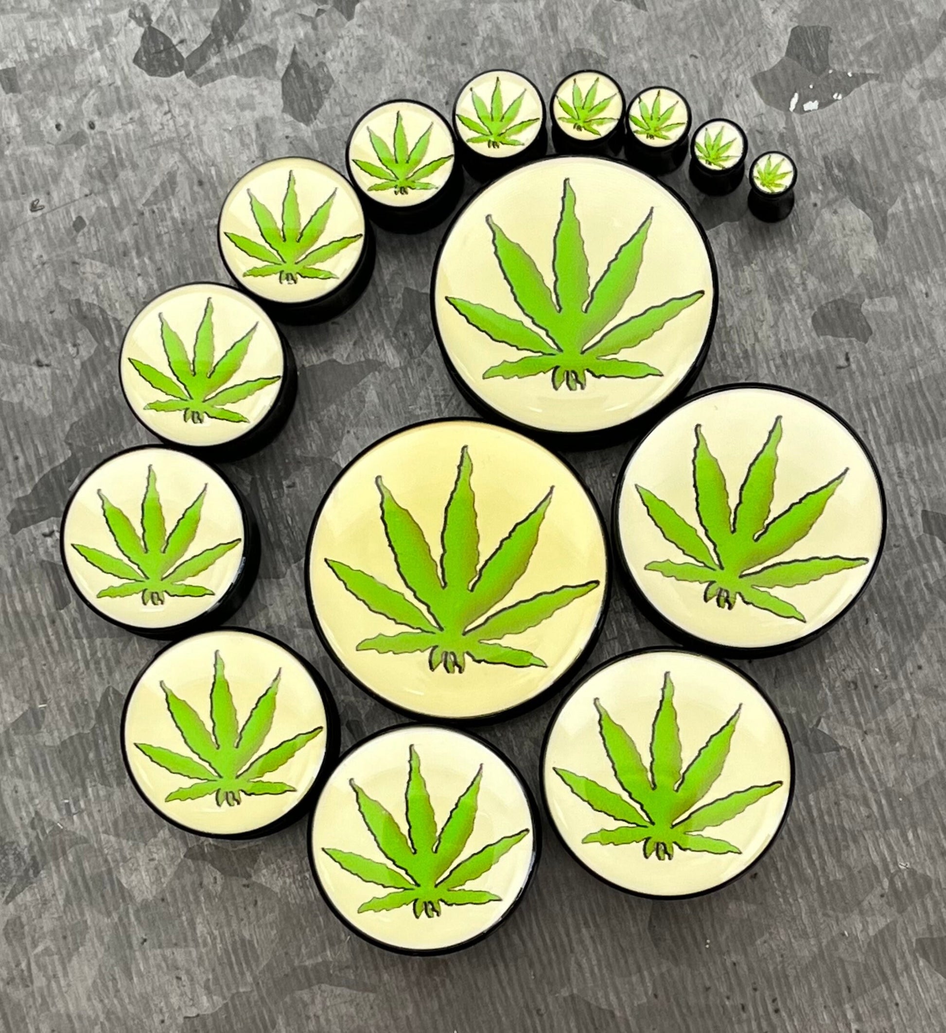 PAIR of Unique Pot Leaf / Marijuana Logo Double Flare Acrylic Saddle Plugs - Gauges 8g (3mm) thru 1&3/16" (30mm) available!