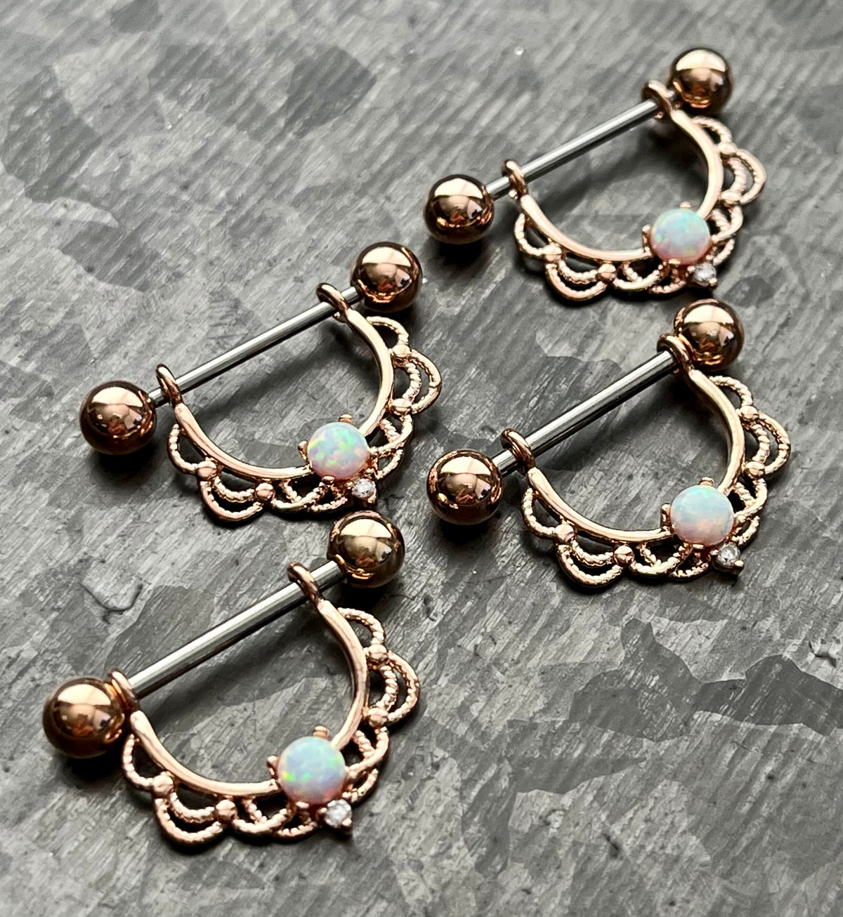 PAIR of Opal Center Filigree Drop Steel Nipple Barbells/Shields/Rings -16g or 14g, 12mm wearable length in Silver, Gold & Rose Gold!