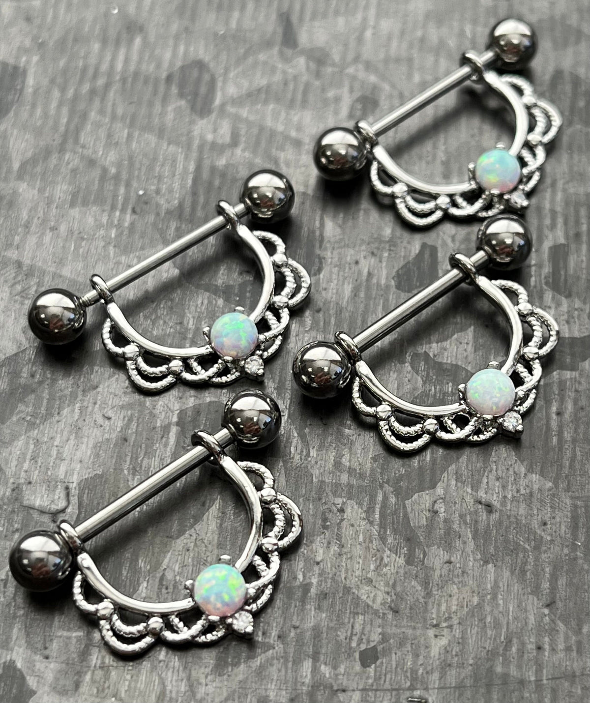 PAIR of Opal Center Filigree Drop Steel Nipple Barbells/Shields/Rings -16g or 14g, 12mm wearable length in Silver, Gold & Rose Gold!