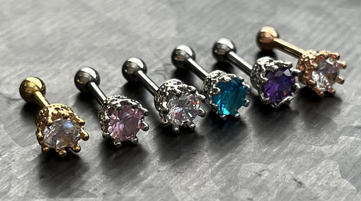 1 Piece Stunning Eight Prong CZ Gem Surgical Steel Tragus Bar Stud - 16g - Clear, Gold, Lavender, Pink, Rose Gold, Aqua Available!
