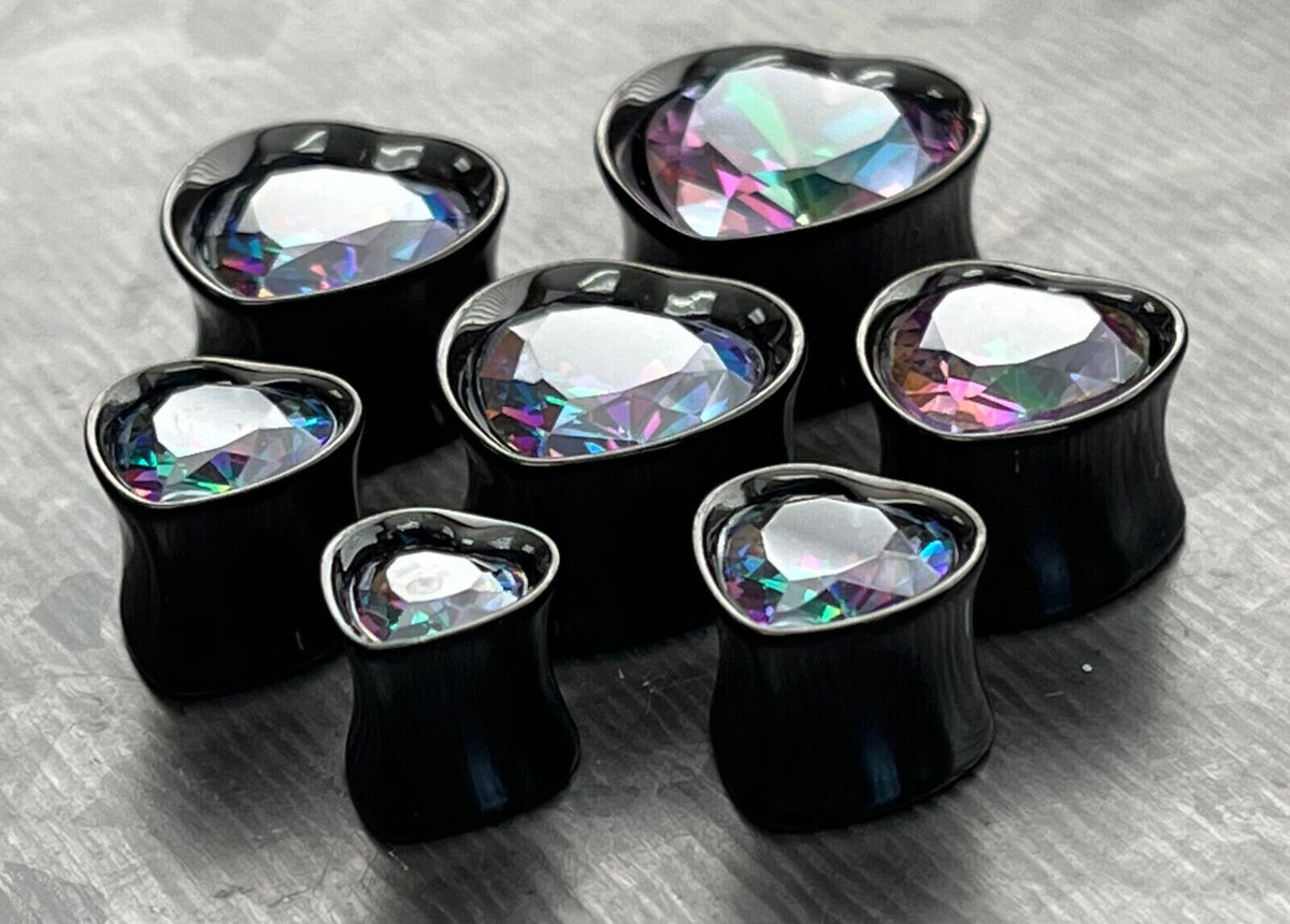 PAIR of Heart CZ Gem Double Flare Saddle Tunnels/Plugs - Clear/Silver & Vitrail Medium/Black - Gauges 0g (8mm) thru 5/8" (16mm) available!