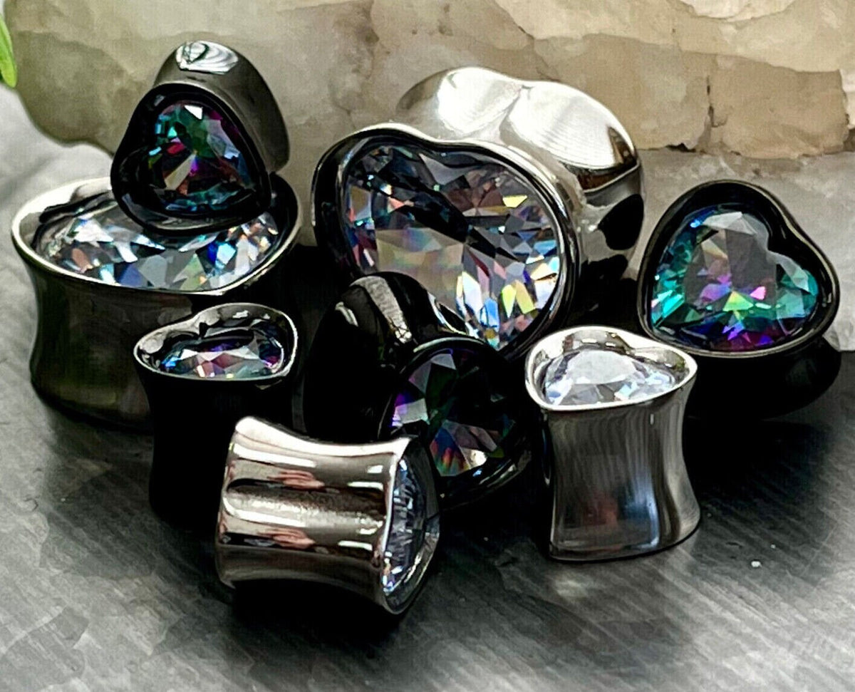 PAIR of Heart CZ Gem Double Flare Saddle Tunnels/Plugs - Clear/Silver & Vitrail Medium/Black - Gauges 0g (8mm) thru 5/8" (16mm) available!
