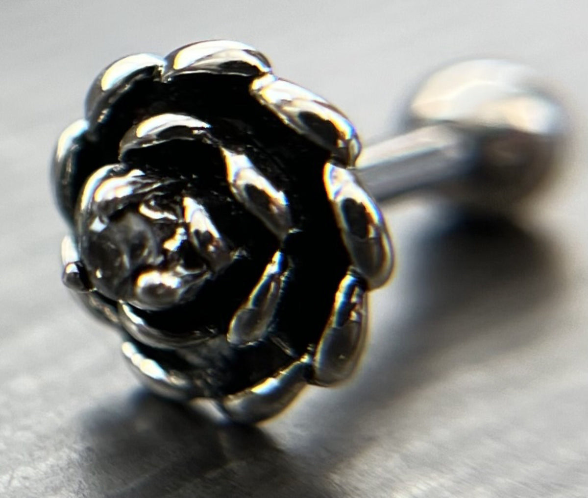 1 Piece Unique Antique Silver Flower with Center CZ Gem Tragus Barbell Stud - 16g - Aurora Borealis, Aqua, Clear, Pink & Vitrail Available!