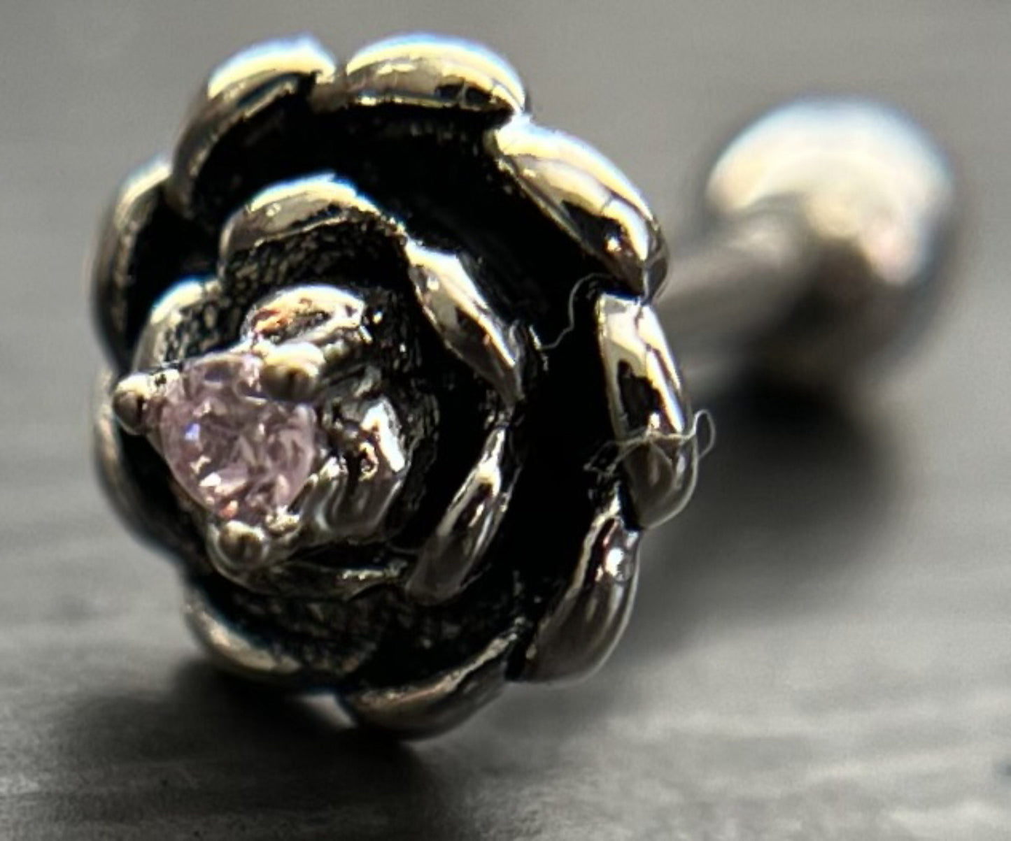 1 Piece Unique Antique Silver Flower with Center CZ Gem Tragus Barbell Stud - 16g - Aurora Borealis, Aqua, Clear, Pink & Vitrail Available!