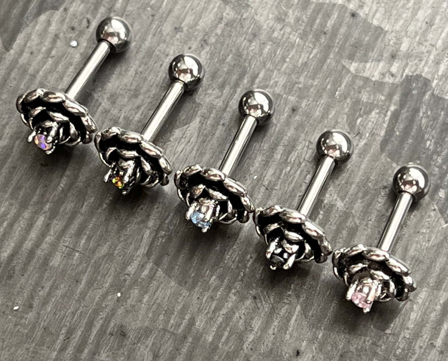 1 Piece Unique Antique Silver Flower with Center CZ Gem Tragus Barbell Stud - 16g - Aurora Borealis, Aqua, Clear, Pink & Vitrail Available!