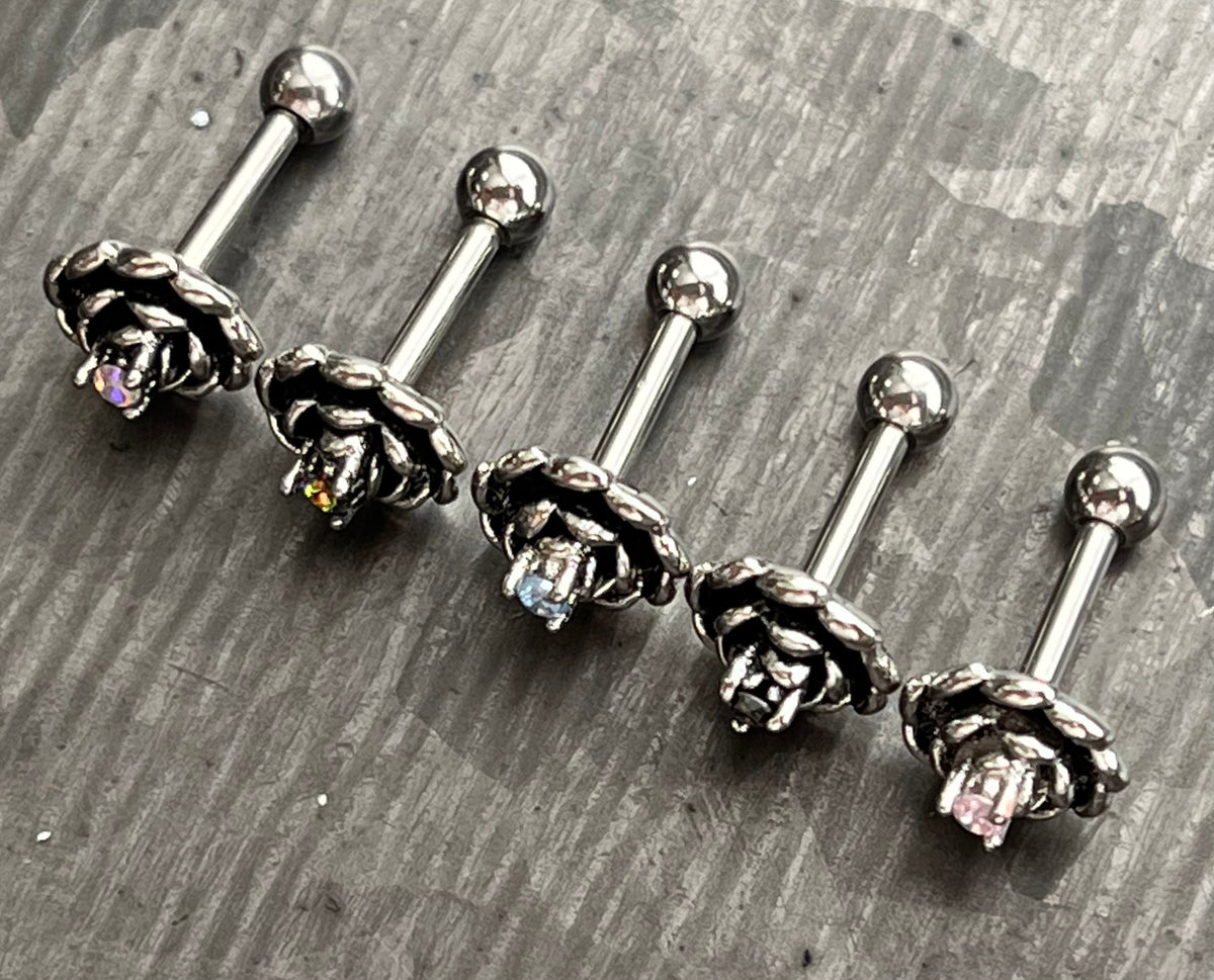 1 Piece Unique Antique Silver Flower with Center CZ Gem Tragus Barbell Stud - 16g - Aurora Borealis, Aqua, Clear, Pink & Vitrail Available!