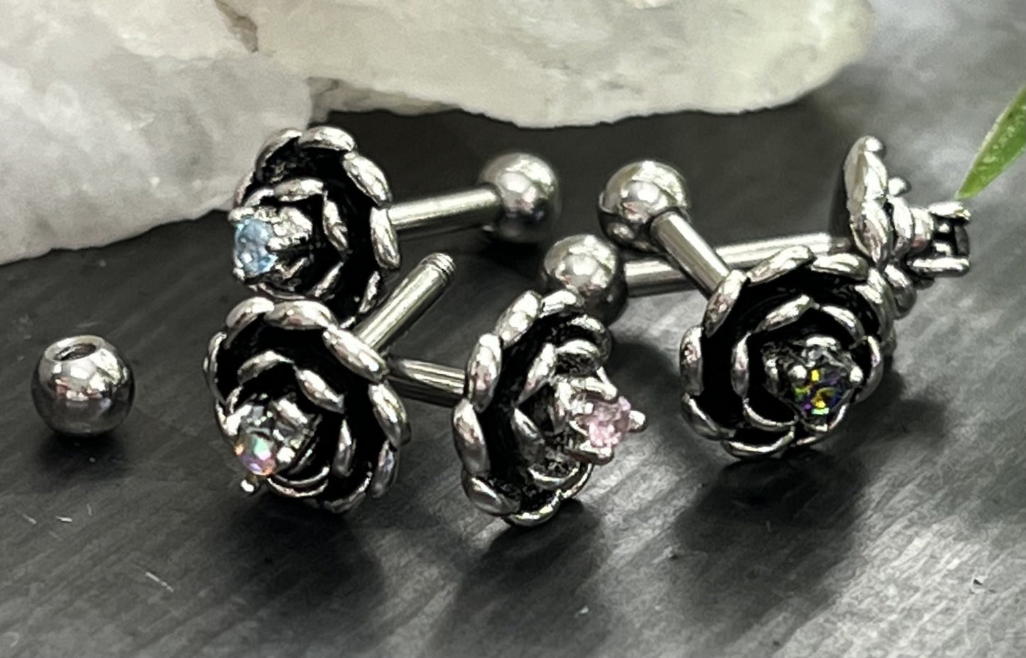 1 Piece Unique Antique Silver Flower with Center CZ Gem Tragus Barbell Stud - 16g - Aurora Borealis, Aqua, Clear, Pink & Vitrail Available!