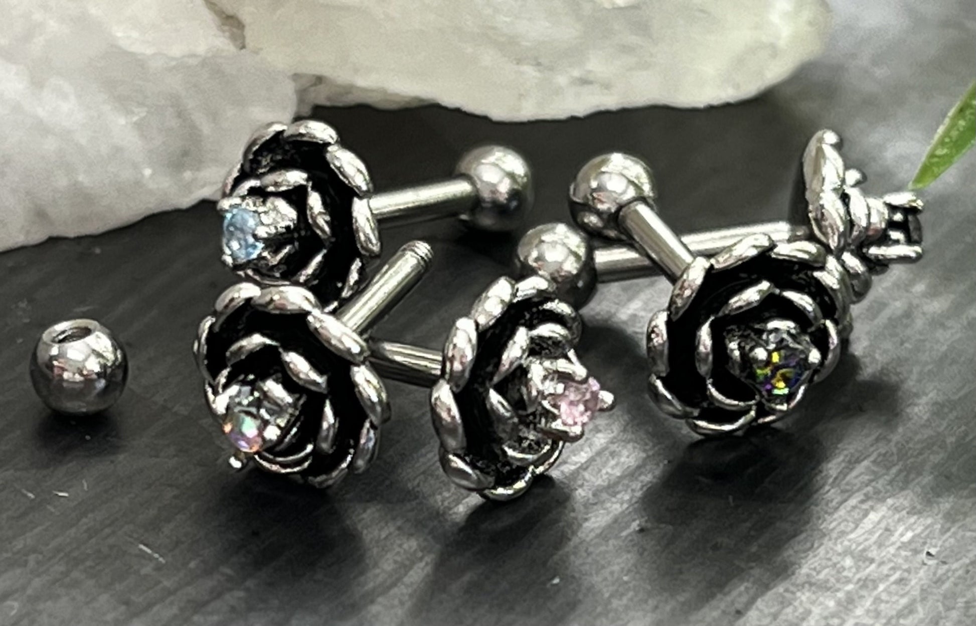 1 Piece Unique Antique Silver Flower with Center CZ Gem Tragus Barbell Stud - 16g - Aurora Borealis, Aqua, Clear, Pink & Vitrail Available!