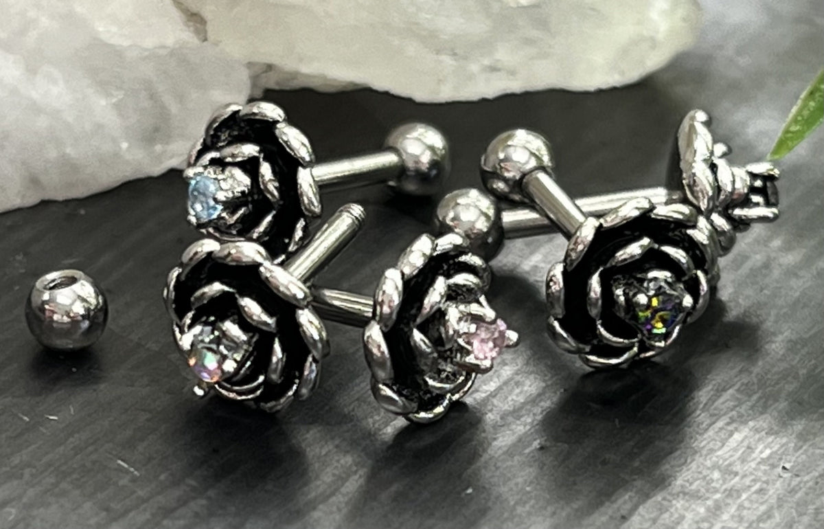 1 Piece Unique Antique Silver Flower with Center CZ Gem Tragus Barbell Stud - 16g - Aurora Borealis, Aqua, Clear, Pink & Vitrail Available!