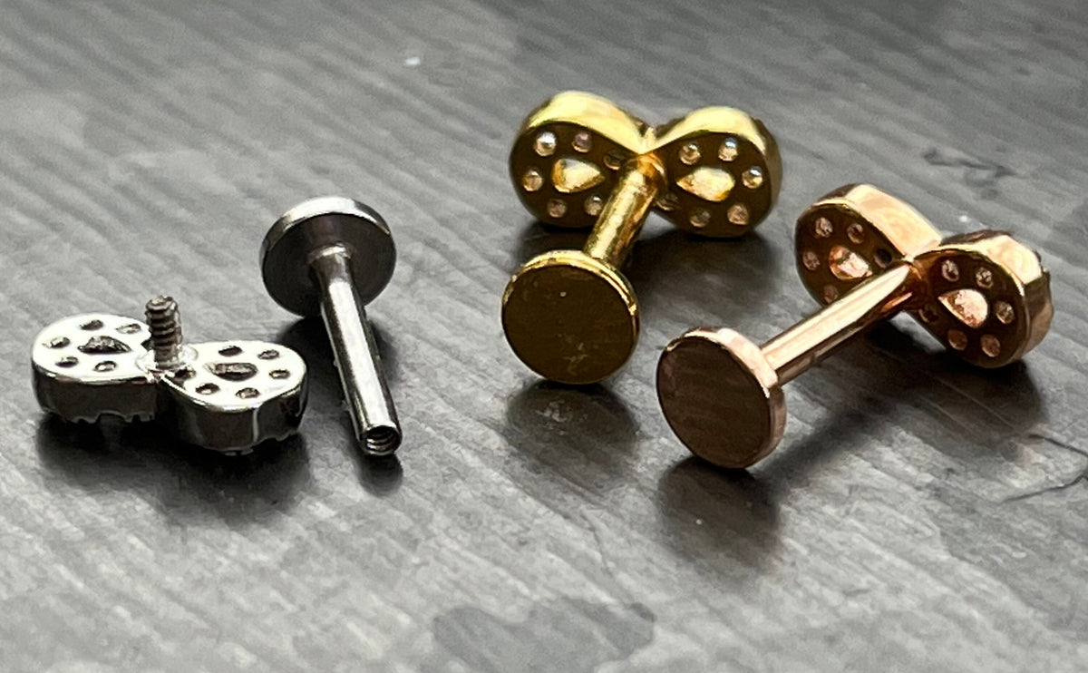 1 Piece CZ Infinity Symbol Labret Internally Threaded Monroe Stud -16g- Wearable Diameter 6mm or 8mm - Gold, Rose Gold and Silver Available!