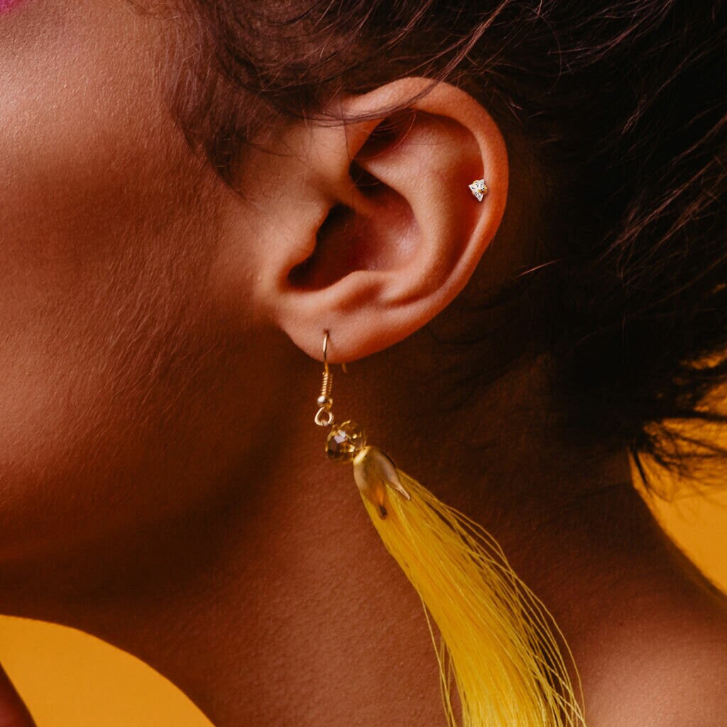 1 Piece Stunning Triangle CZ Gem Ion Plated Tragus Stud -16g - Gem Size 3mm & 4mm - Gold, Rose Gold and Silver Available!