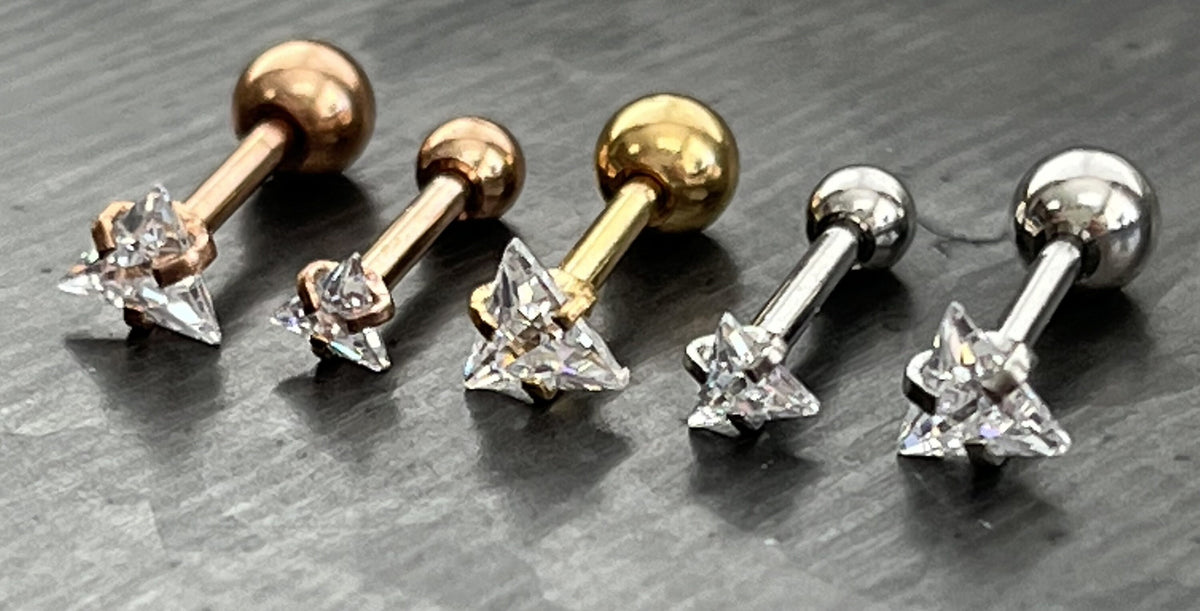 1 Piece Stunning Triangle CZ Gem Ion Plated Tragus Stud -16g - Gem Size 3mm & 4mm - Gold, Rose Gold and Silver Available!