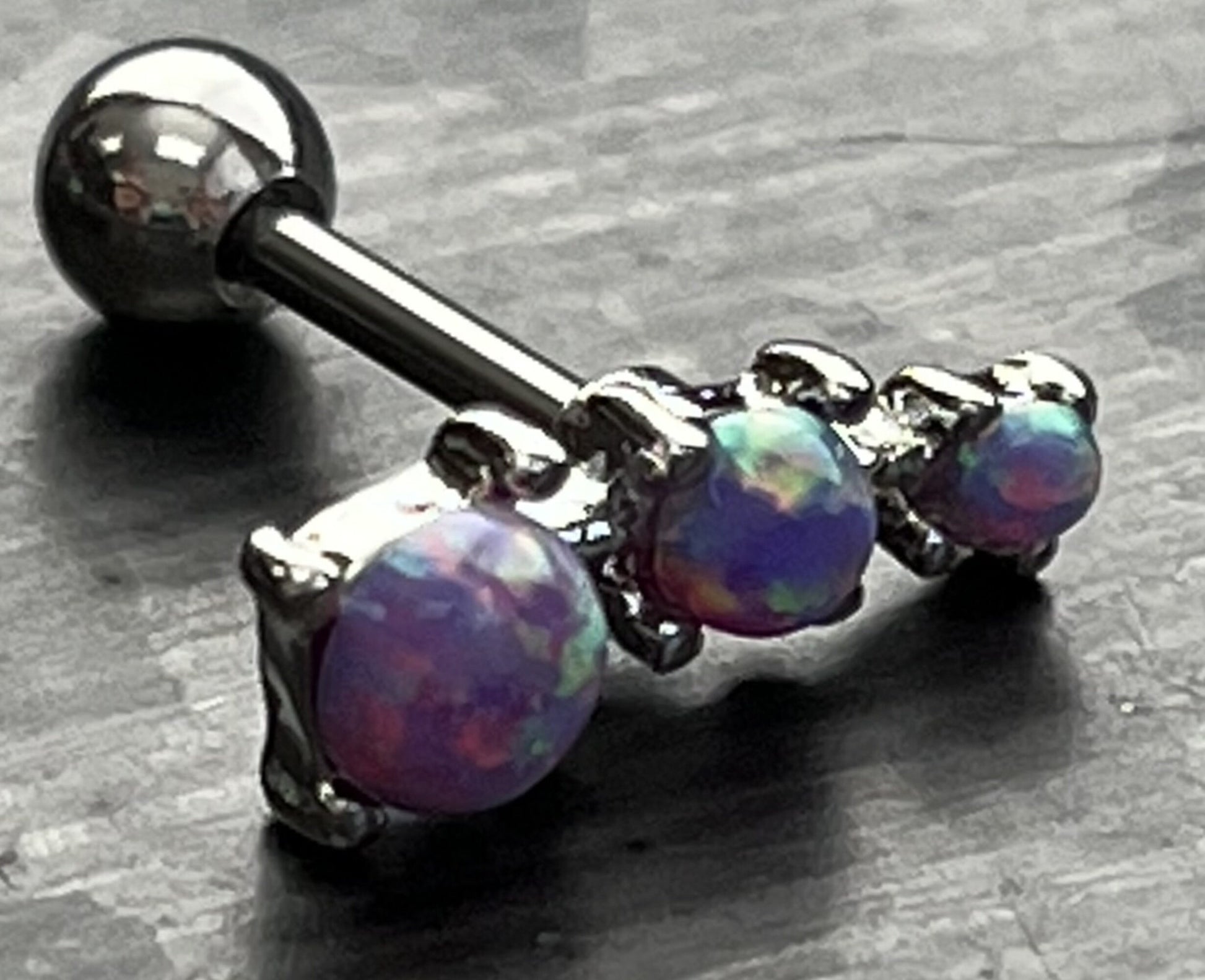 1 Piece Stunning Three Prong Set Opals Tragus Barbell Ring - 16g - Wearable Length 1/4" (6mm) - Blue, Green, Pink, Purple & White Available!