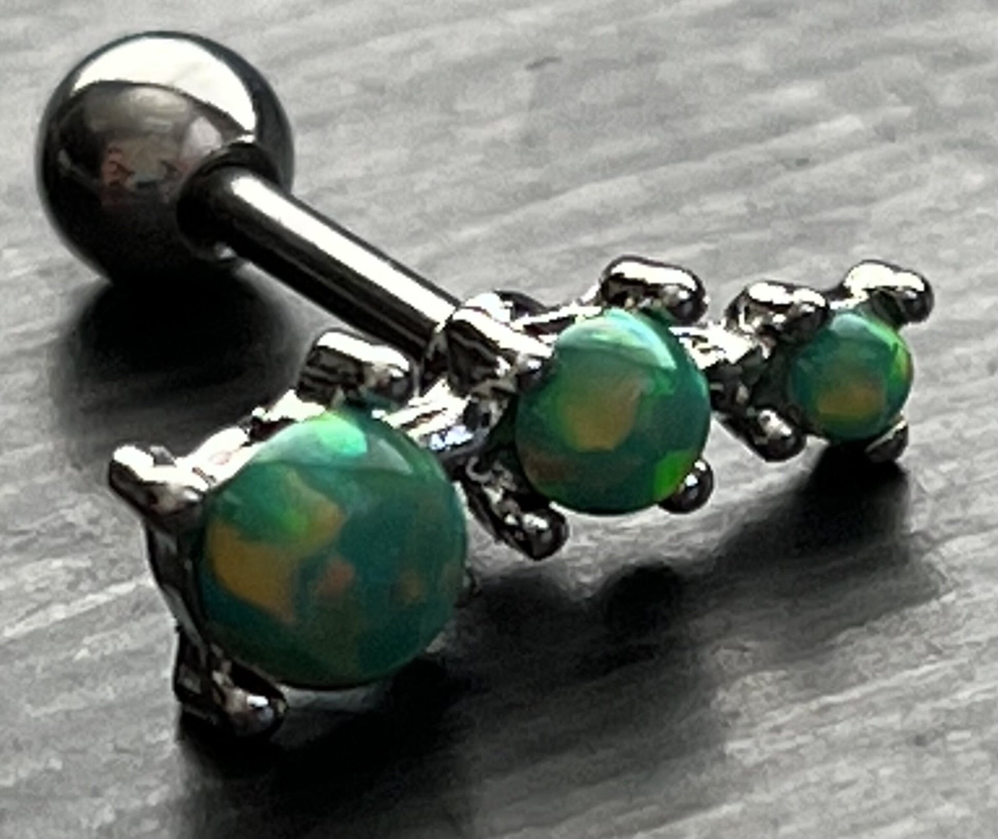 1 Piece Stunning Three Prong Set Opals Tragus Barbell Ring - 16g - Wearable Length 1/4" (6mm) - Blue, Green, Pink, Purple & White Available!