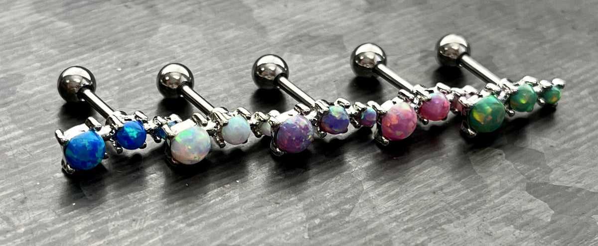 1 Piece Stunning Three Prong Set Opals Tragus Barbell Ring - 16g - Wearable Length 1/4" (6mm) - Blue, Green, Pink, Purple & White Available!