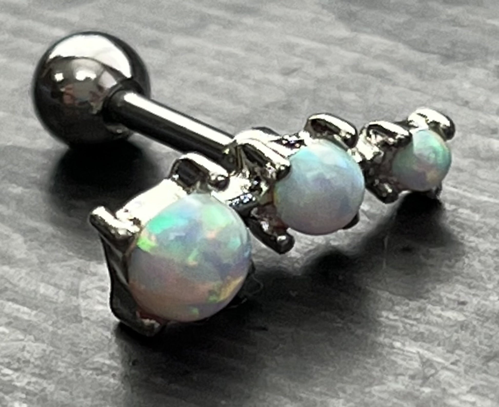 1 Piece Stunning Three Prong Set Opals Tragus Barbell Ring - 16g - Wearable Length 1/4" (6mm) - Blue, Green, Pink, Purple & White Available!