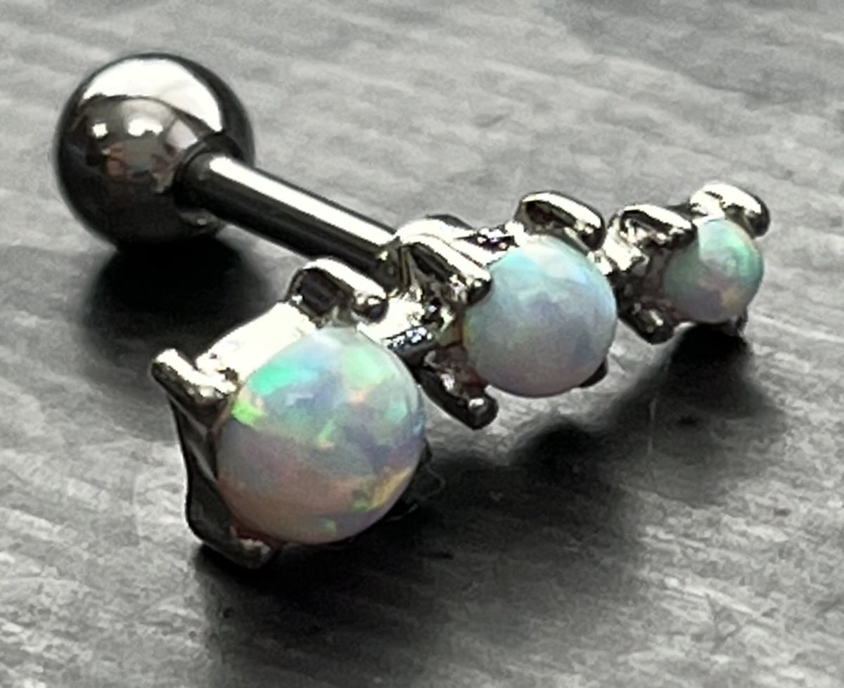 1 Piece Stunning Three Prong Set Opals Tragus Barbell Ring - 16g - Wearable Length 1/4" (6mm) - Blue, Green, Pink, Purple & White Available!