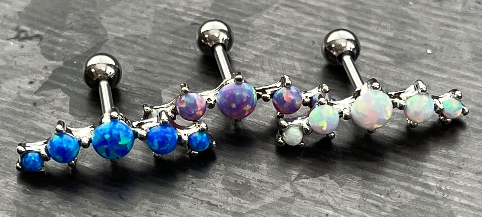 1 Piece Stunning Five Prong Set Opals Tragus Barbell Ring - 16g - Wearable Length 1/4" (6mm) - Blue, Purple & White Available!