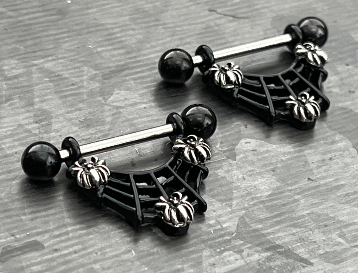 PAIR of Unique Three Spiders in Black Web Nipple Shield/Barbell/Ring - Barbell 14g, Length 27.5mm - Wearable length 12mm (1/2")!