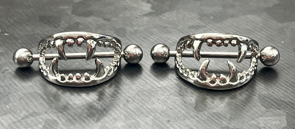 PAIR of Unique Vampire Fangs Nipple Shields Barbell Rings - 14g - Wearable Length 22mm (7/8") & Between Fangs Length - 18mm (11/16")!
