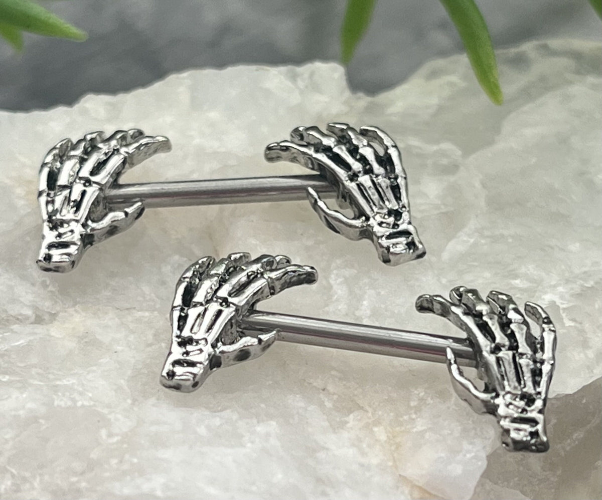 PAIR of Nipple Shields Skull Hand Ends Body Jewelry Surgical Steel Barbells Rings Skeleton