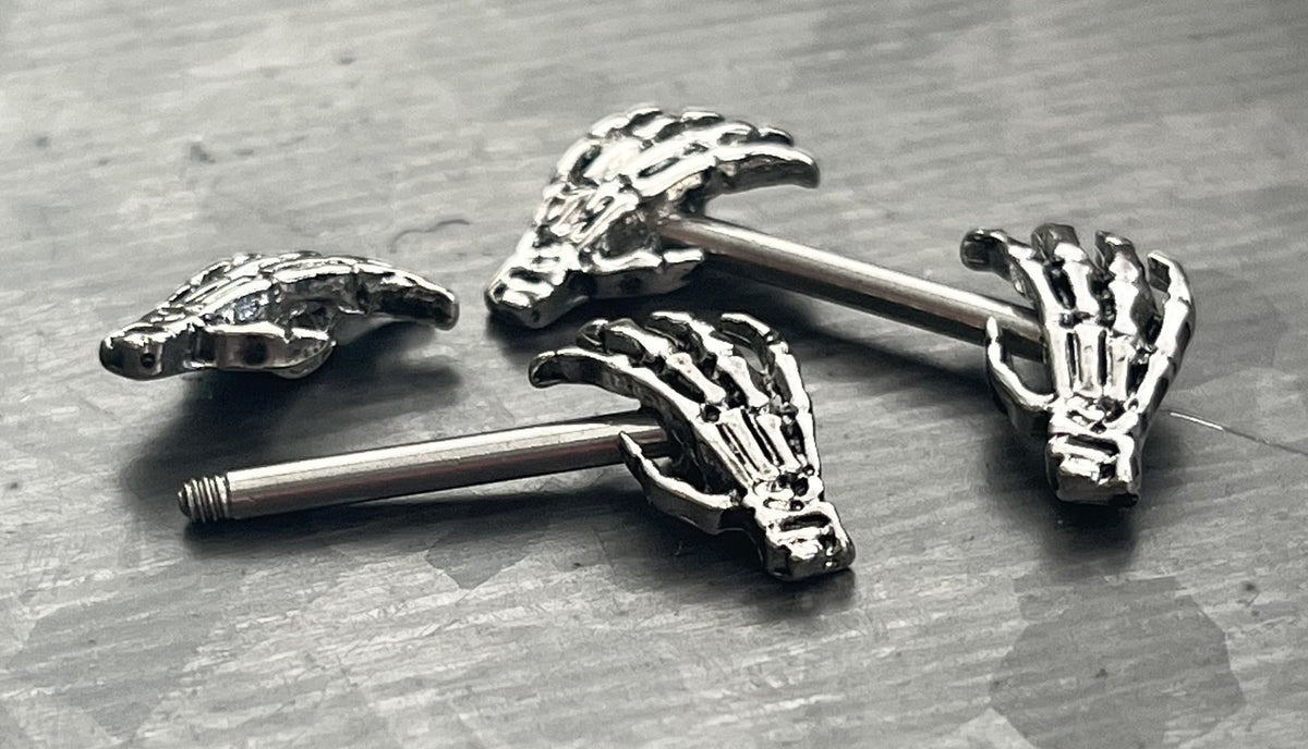 PAIR of Nipple Shields Skull Hand Ends Body Jewelry Surgical Steel Barbells Rings Skeleton