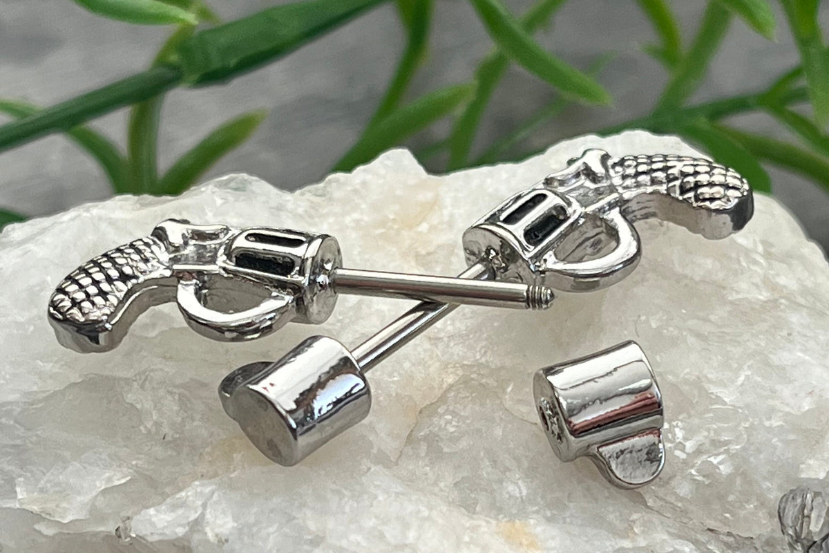 PAIR of Striking Revolver Pistol Gun Shaped Nipple Barbells/Rings - 14g - Wearable Length - 12mm - Black, Gold and Silver Available!