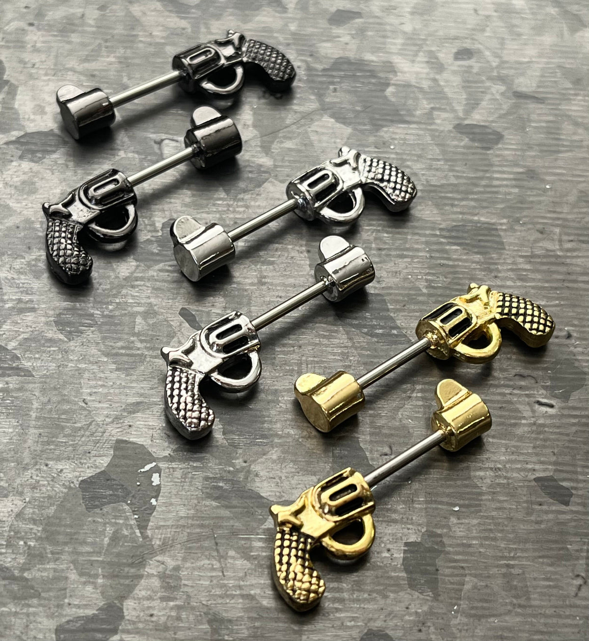 PAIR of Striking Revolver Pistol Gun Shaped Nipple Barbells/Rings - 14g - Wearable Length - 12mm - Black, Gold and Silver Available!