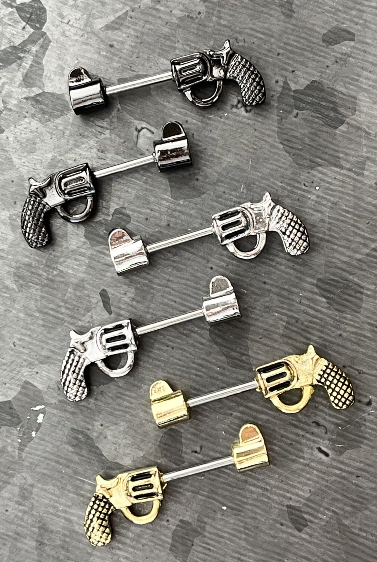 PAIR of Striking Revolver Pistol Gun Shaped Nipple Barbells/Rings - 14g - Wearable Length - 12mm - Black, Gold and Silver Available!