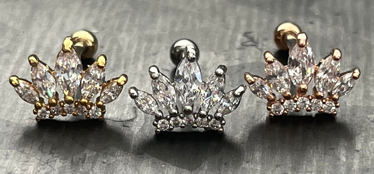 1 Piece Brilliant CZ Paved Taira Princess Crown Tragus Barbell Ring - 16g - Wearable Length 1/4" (6mm) - Silver, Gold & Rose Gold Available!