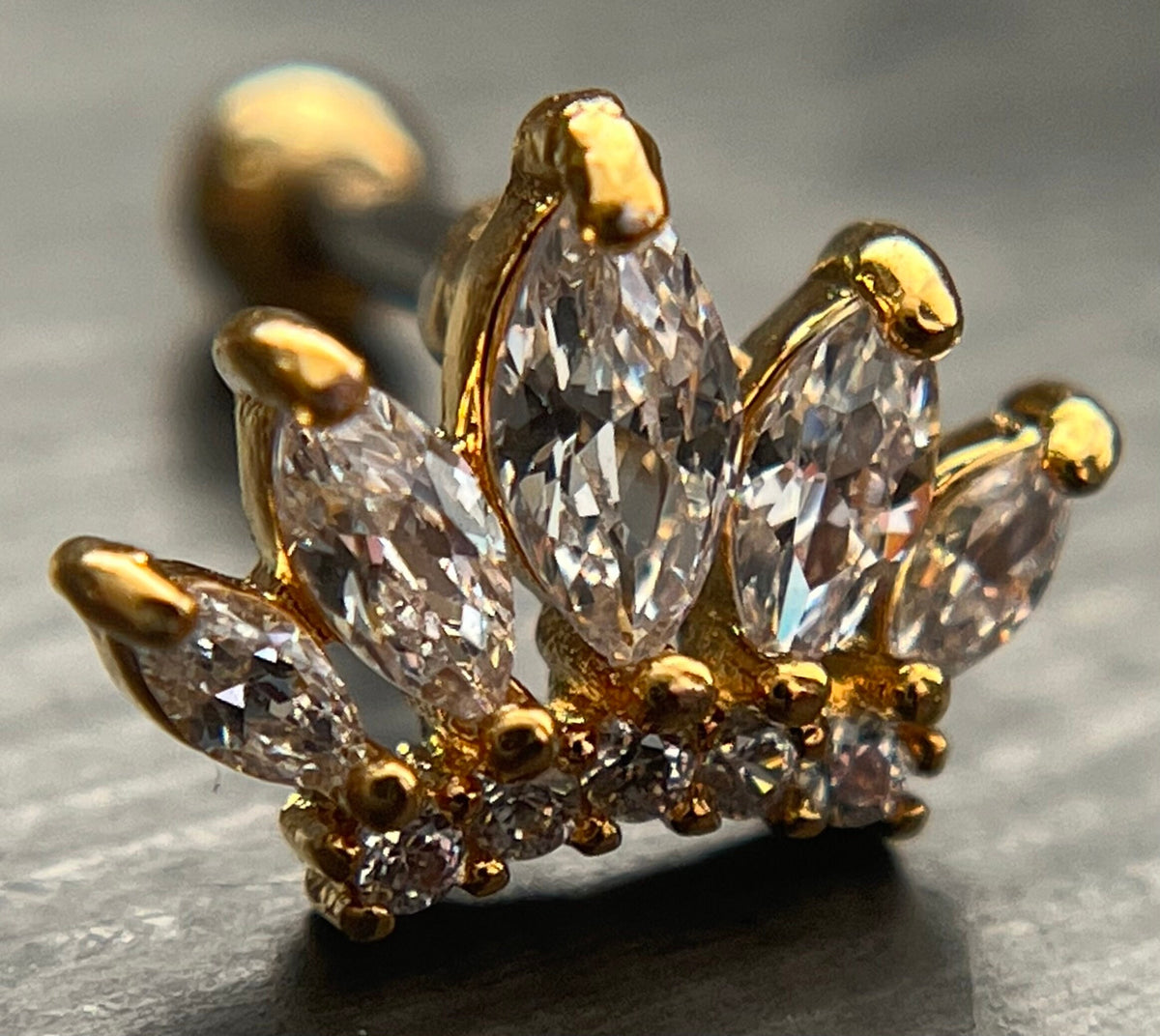 1 Piece Brilliant CZ Paved Taira Princess Crown Tragus Barbell Ring - 16g - Wearable Length 1/4" (6mm) - Silver, Gold & Rose Gold Available!