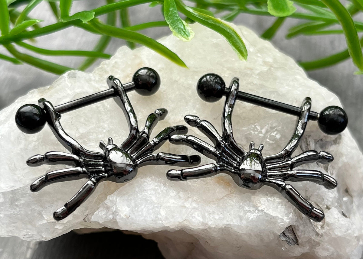 PAIR of Spooky Hanging Spider Steel Nipple Barbell/Shield/Rings - 14g - Wearable Length - Black & Silver Available!