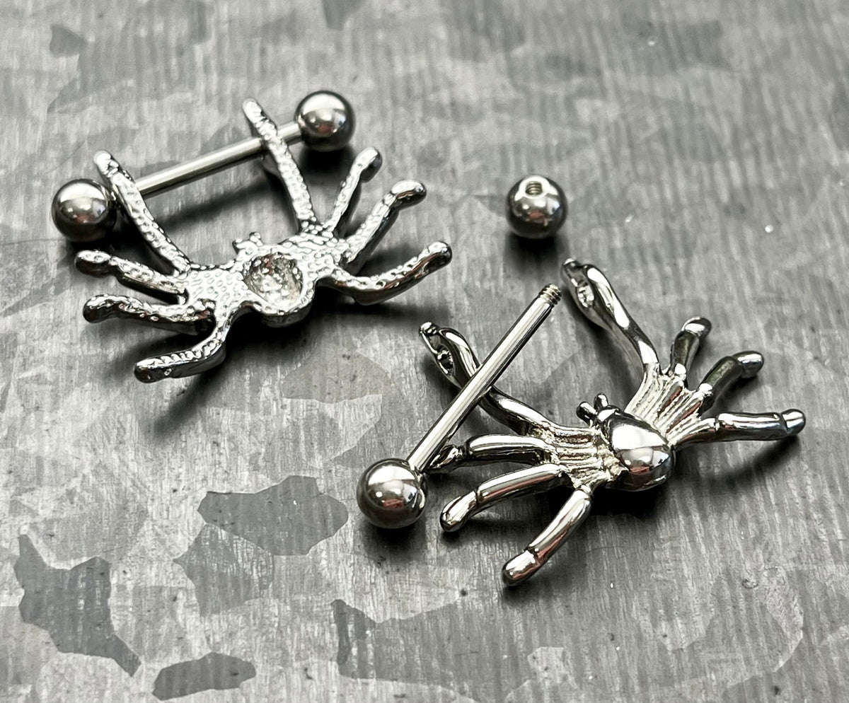 PAIR of Spooky Hanging Spider Steel Nipple Barbell/Shield/Rings - 14g - Wearable Length - Black & Silver Available!
