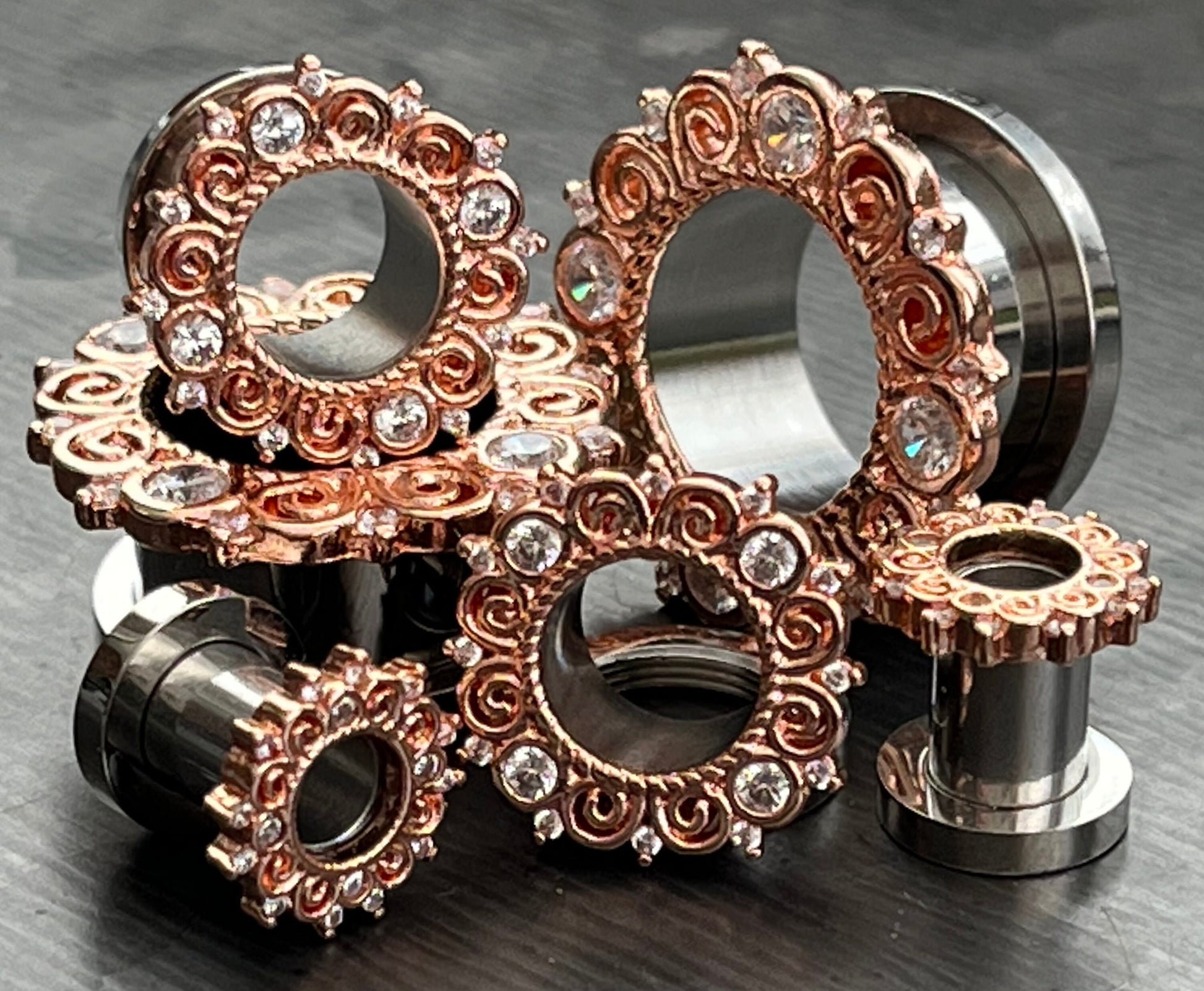 PAIR of Stunning Rose Gold CZ Gem Filigree Screw Fit Tunnels/Plugs - Gauges 2g (6mm) thru 5/8" (16mm) Available!